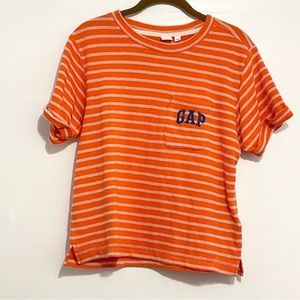 GAP Women Knit Top 100% Cotton Orange Stripe Crew Neck Short Sleeve Size Small